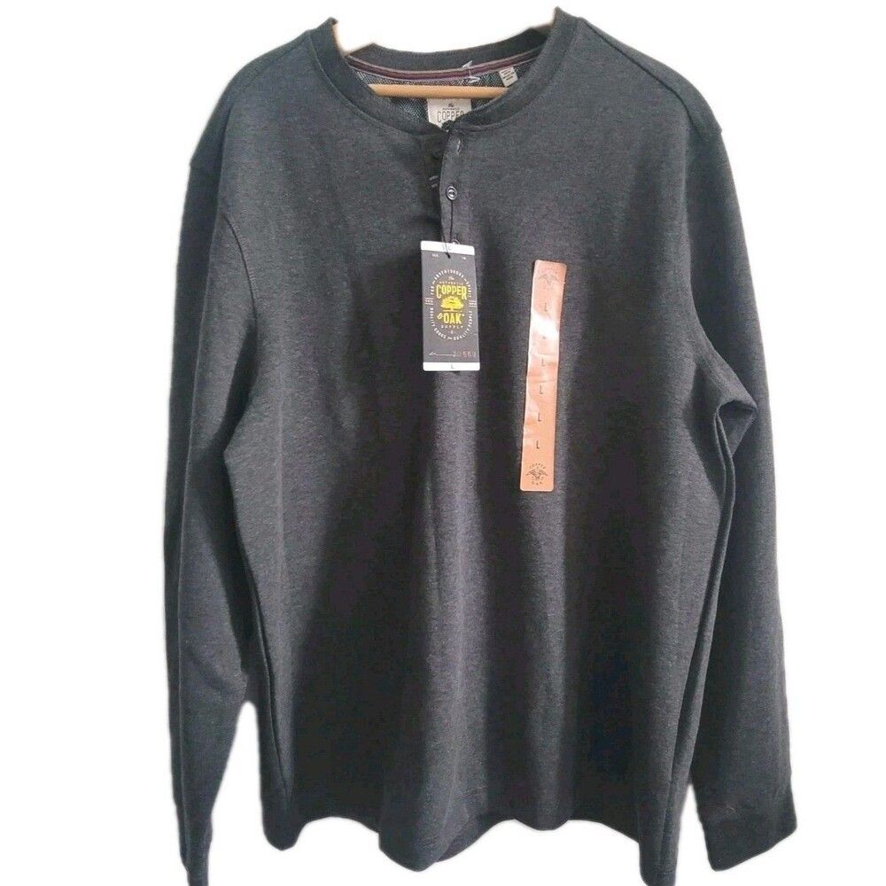 lNWT Copper & Oak supply Mens Henley Neck Grey Long Sleeve Size L Sweater